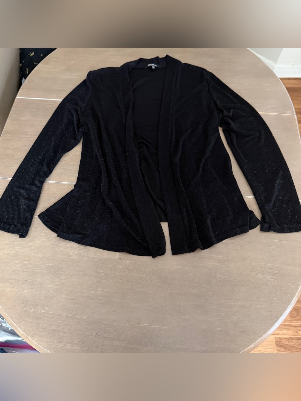 Onyx Nite XL Black Metallic Shimmer Open Front Ruffle Hem Cover Up Cardigan